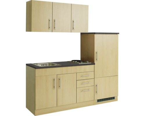 Einbauküche mit Spüle, Kochfeld, Schubladen und Hängeschränken