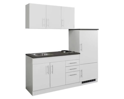 Kompakte Küchenzeile mit Spüle, Kochfeld, Kühlschrank und Schränken