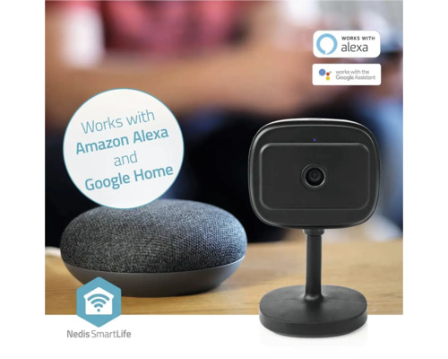 Schwarze Überwachungskamera und Lautsprecher, kompatibel mit Amazon Alexa und Google Assistant