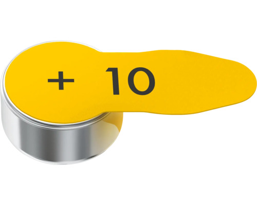 Knopfzelle mit gelbem Aufkleber und Pluszeichen sowie der Zahl 10