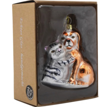 Glas Christbaumschmuck mit Hund und Katze im Karton