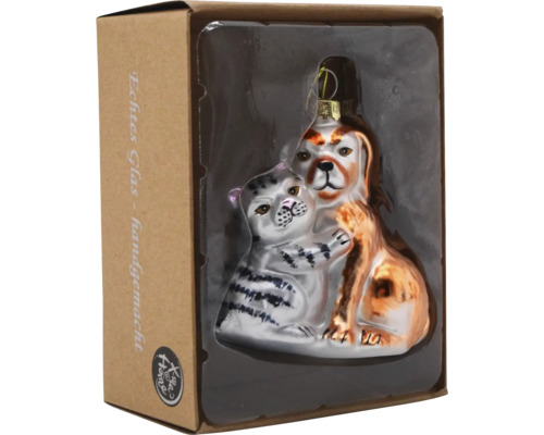 Glas Christbaumschmuck mit Hund und Katze im Karton