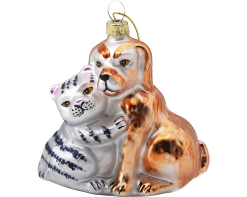 Christbaumhänger Katze und Hund Glas 9 cm braun