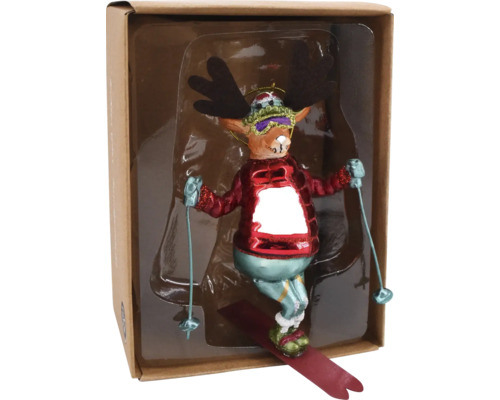 Elch als Christbaumschmuck mit Skiern in einer Box