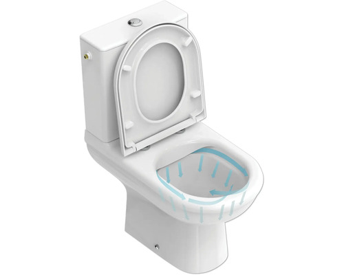 Toilette mit offenem Toilettendeckel und schematischer Darstellung der Spülung