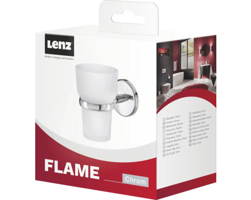 Lenz Flame Zahnputzbecher mit Halterung aus Chrom in Verpackung