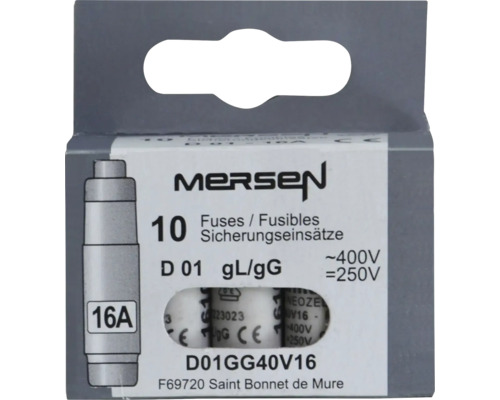 Packung mit zehn Sicherungseinsätzen, Typ D 01, 16 Ampere