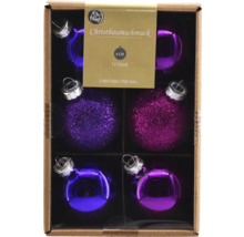 Kaefer-Häuschen Logo. Zwölf Christbaumkugeln, sechs Zentimeter groß, in einer Verpackung.