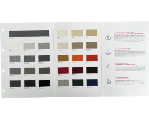 Farbmusterkarte mit verschiedenen Stoffmustern und Qualitätsmerkmalen