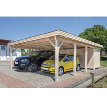 Doppelcarport aus Holz mit zwei geparkten Autos