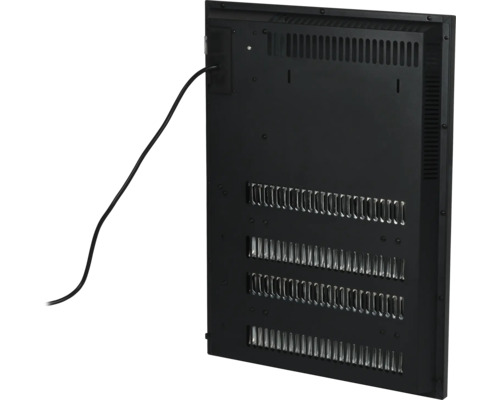 Rückansicht eines elektrischen Heizpaneels mit Belüftungsöffnungen und Stromkabel.