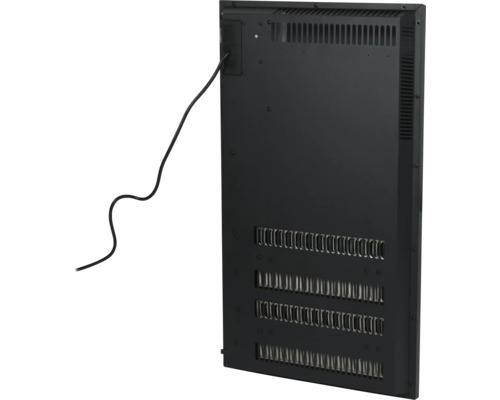 Rückseite einer elektrischen Heizung mit Stromkabel und Lüftungsschlitzen