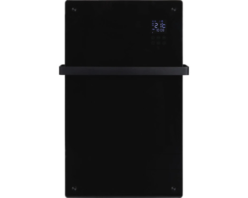 Schwarzer Handtuchwärmer mit Temperaturanzeige und Handtuchhalter