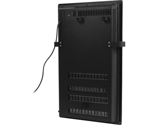 Rückansicht einer Infrarotheizung mit Montagevorrichtungen und Kabel