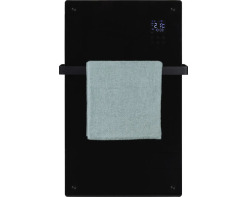 Schwarzer Glasheizkörper mit Handtuch und Handtuchhalter