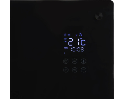 Nahaufnahme einer digitalen Anzeige eines Heizgeräts, die Temperatur und Uhrzeit anzeigt