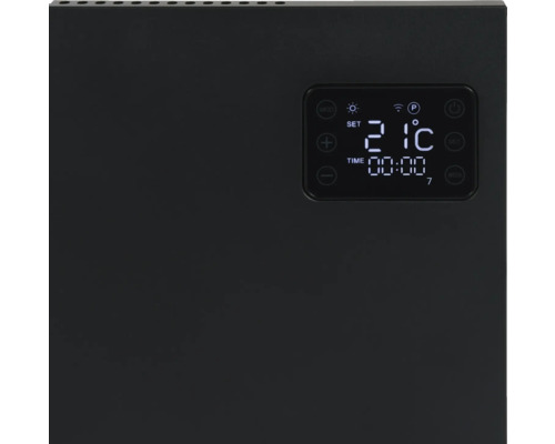 Schwarzer Heizkörper mit digitaler Anzeige für Temperatur und Zeit