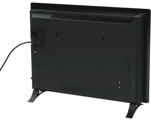 Rückansicht eines Heizgeräts mit Kabel und Füßen.