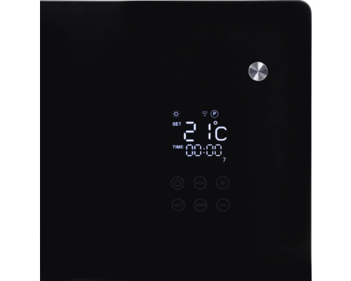 Nahaufnahme einer schwarzen Heizung mit digitaler Anzeige von Temperatur und Uhrzeit.