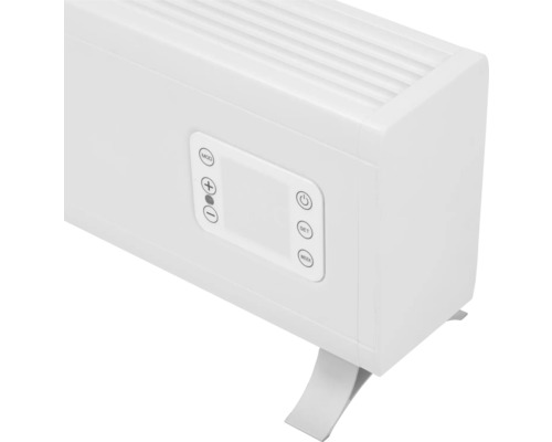 Detailansicht eines Heizkörpers mit Bedienfeld und Standfüßen.