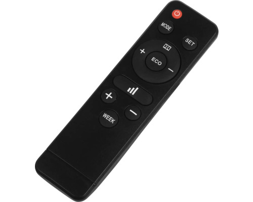 Schwarze Fernbedienung mit verschiedenen Tasten.