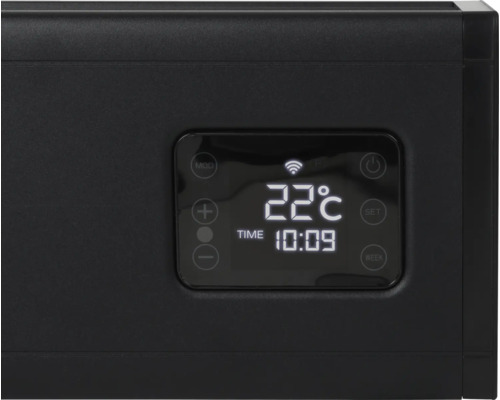 Schwarzer Thermostat mit digitaler Anzeige von Temperatur und Uhrzeit