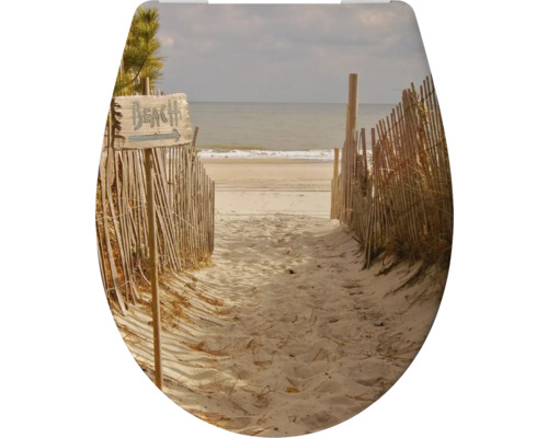 WC-Sitz mit Strandmotiv und Wegweiser zum Strand