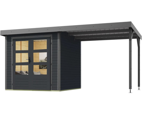 Holzgartenhaus mit Überdachung und Doppeltür mit Fenstern