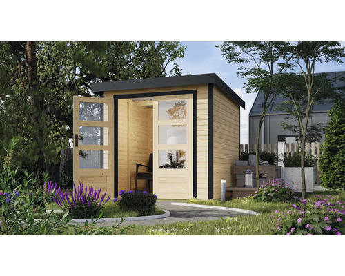 Garten Szene mit Holz Gartenhaus mit Glastüren und einem Pultdach