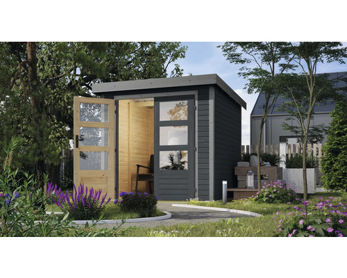 Holzgartenhaus mit Glastüren in einem Garten