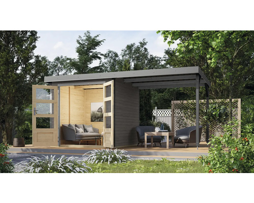 Gartenhaus Karibu Metalwood Blech staubgrau inkl. Anbau 453 x 237 cm terragrau Gartenhaus mit Terrasse und Lounge-Möbeln im Außenbereich