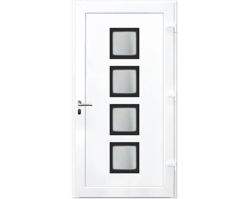 Weiße Haustür mit vier quadratischen Glaseinsätzen