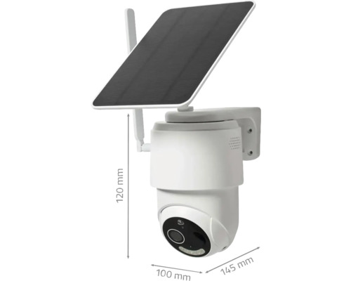 Überwachungskamera mit Solarmodul und Abmessungsangaben