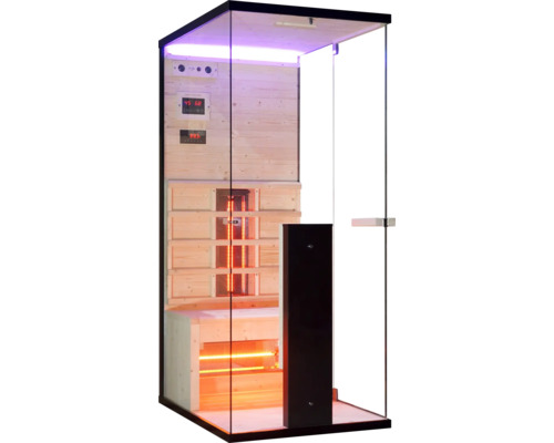 Innenansicht einer Infrarotsauna mit Holzverkleidung und Glaselementen
