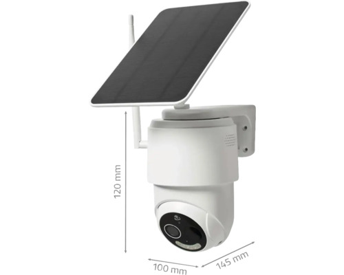 Überwachungskamera mit Solarpanel und den Maßangaben 100 mm, 145 mm und 120 mm.