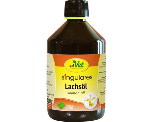 Ergänzungsfuttermittel cdVet Lachsöl mit Omega-3-Fettsäuren 500 ml Flasche mit cdVet Singulares Lachsöl für Hunde und Katzen