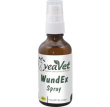 VeaVet WundEx Spray für Tiere in einer Braunglasflasche mit Sprühkopf