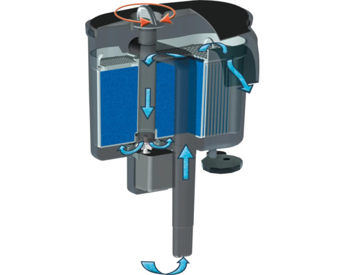Schnittansicht eines Aquarienfilters mit schematischer Darstellung des Wasserflusses