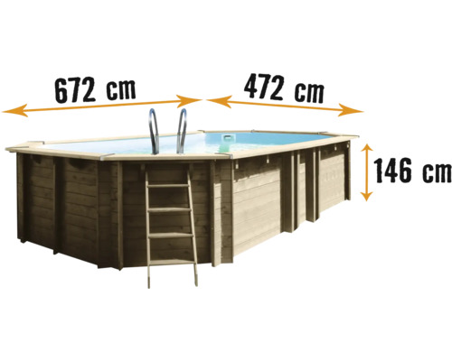Aufstellpool Holzpool-Set Gre oval 672x472x146 cm inkl. Sandfilteranlage, Skimmer, Leiter, Filtersand & Bodenschutzvlies Holz
