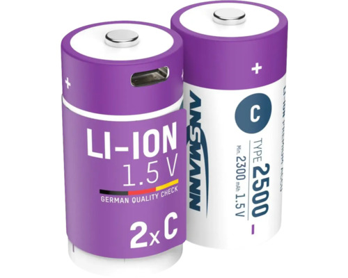 Zwei Ansmann C-Batterien vom Typ Lithium-Ionen mit 1,5 Volt und 2500 mAh