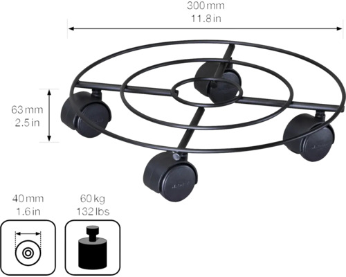 Pflanzenroller aus Metall, Durchmesser 300 Millimeter, mit einer maximalen Traglast von 60 Kilogramm