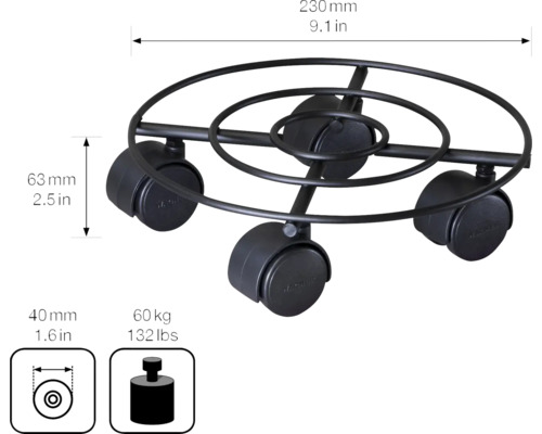 Rolluntersetzer mit Maßangaben