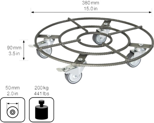 Rolluntersetzer aus Stahl mit vier Rollen, Durchmesser 380 mm