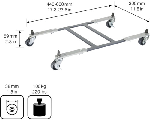 Universal-Rollbrett mit den Maßen 440 bis 600 mm Länge und 300 mm Breite, mit einer maximalen Traglast von 100 kg.