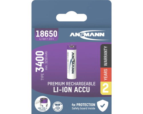 Akkubatterie ANSMANN Li-Ion Akku 18650 3,6 V 3400 mAh mit USB-Type-C Ladebuchse 1 Stk.