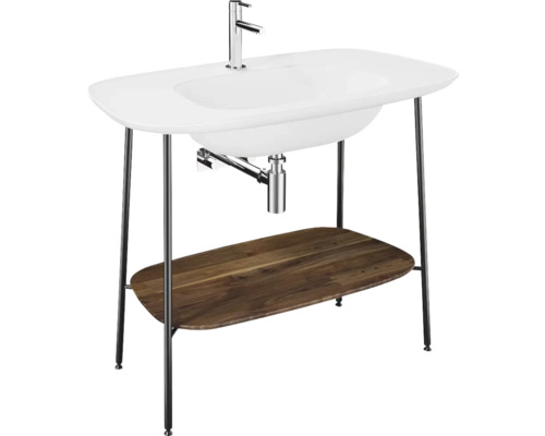 Möbelwaschtisch-Set VitrA Plural 99,5x55 cm edelweiß matt mit Untergestell Waschtisch mit Holzablage und Chromgestell für das Badezimmer
