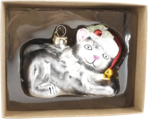 Katze Weihnachtsbaumschmuck mit Weihnachtsmütze in Kartonverpackung