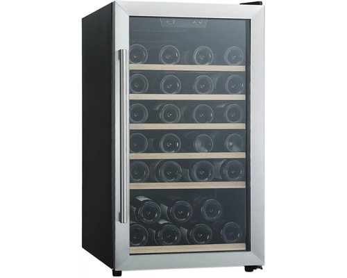 Weinkühlschrank mit Glasfront und mehreren Weinflaschen