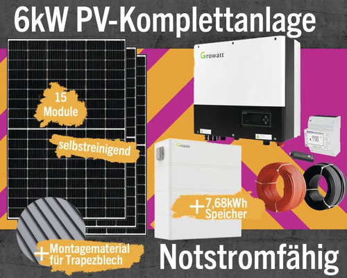 PV-Komplettanlage 15 Module 6 kWp mit Speicher 7,68 kW inkl. Hybrid-Wechselrichter und Montagematerial für Trapezblechdach