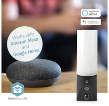 Szene mit einem intelligenten Lautsprecher, der mit Amazon Alexa und Google Home kompatibel ist, und einer intelligenten Lampe von Nedis SmartLife.